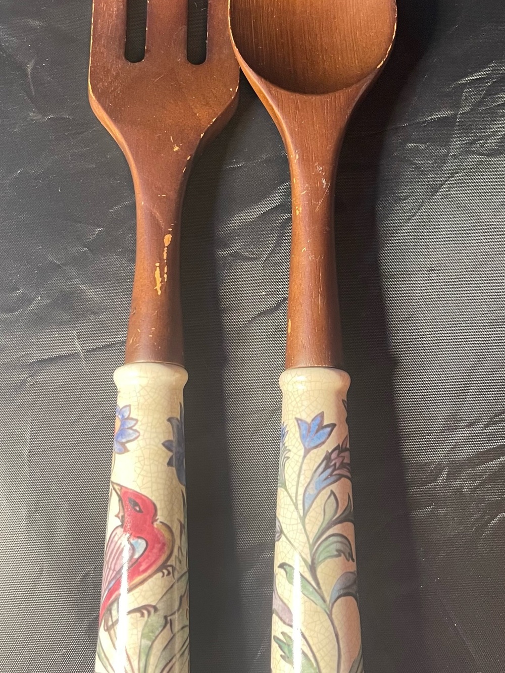Decorative Ceramic-Handled Wooden Salad Servers in Cream and Brown